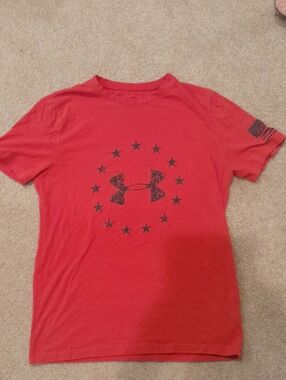 Under Armour Youth Large Red Tee with Dark Navy Blue Star And Flag Emblem